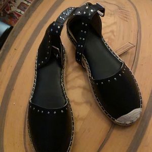 Espadrille Sandals- black leather with ankle strap.